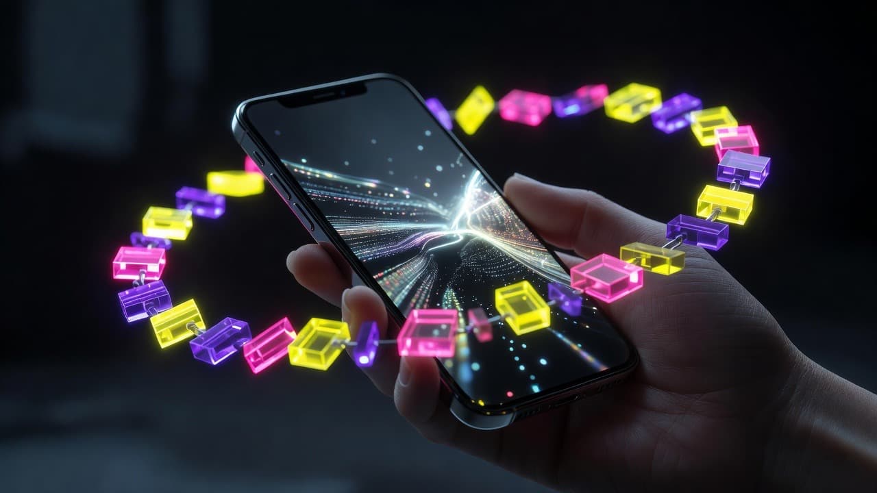 Hand holding a phone generating a cinematic AI video with colorful glass chips