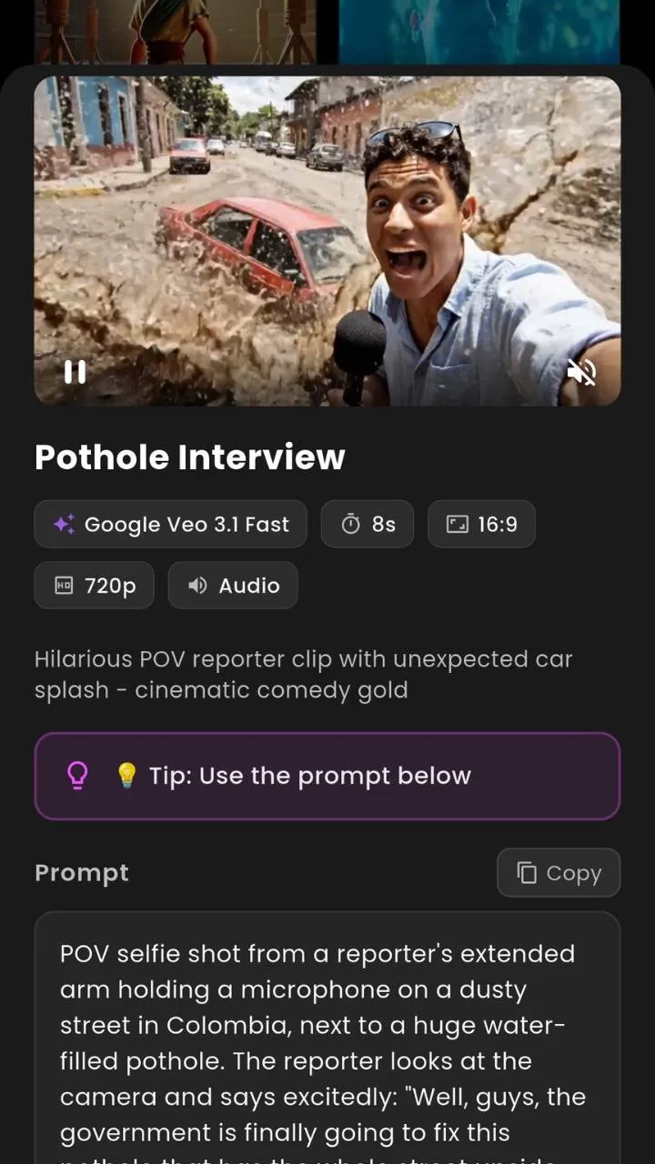 VIBE AI Video Generator app showing a generated clip and prompt